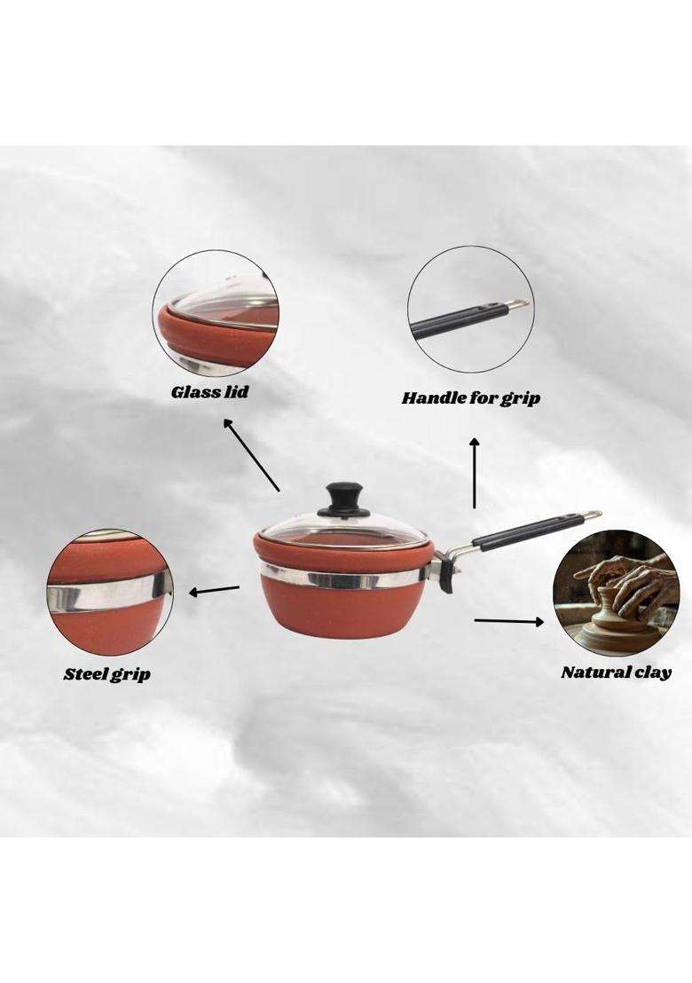 Terra Charms Eco Clay Fry Pan with Glass Lid | 1.5 L | 1.6 Qt | Handcrafted - Indya