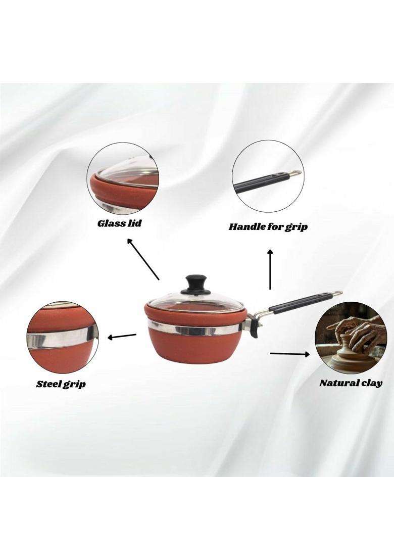 Terra Charms Eco Heritage Fry Pan with Glass Lid | 1.5 L | 1.6 Qt | Handcrafted - Indya