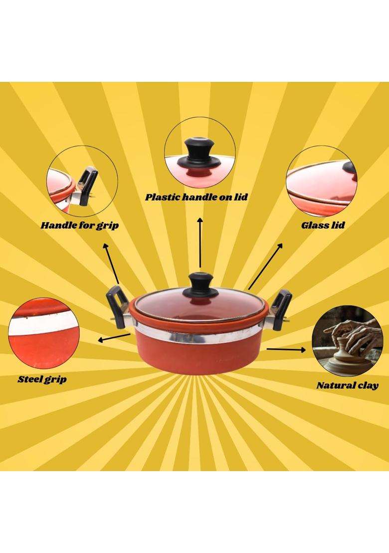 Terra Charms ClayChef Clay Kadhai Wok with Glass Lid | 1.5 L | 1.6 Qt | Non-Toxic - Indya