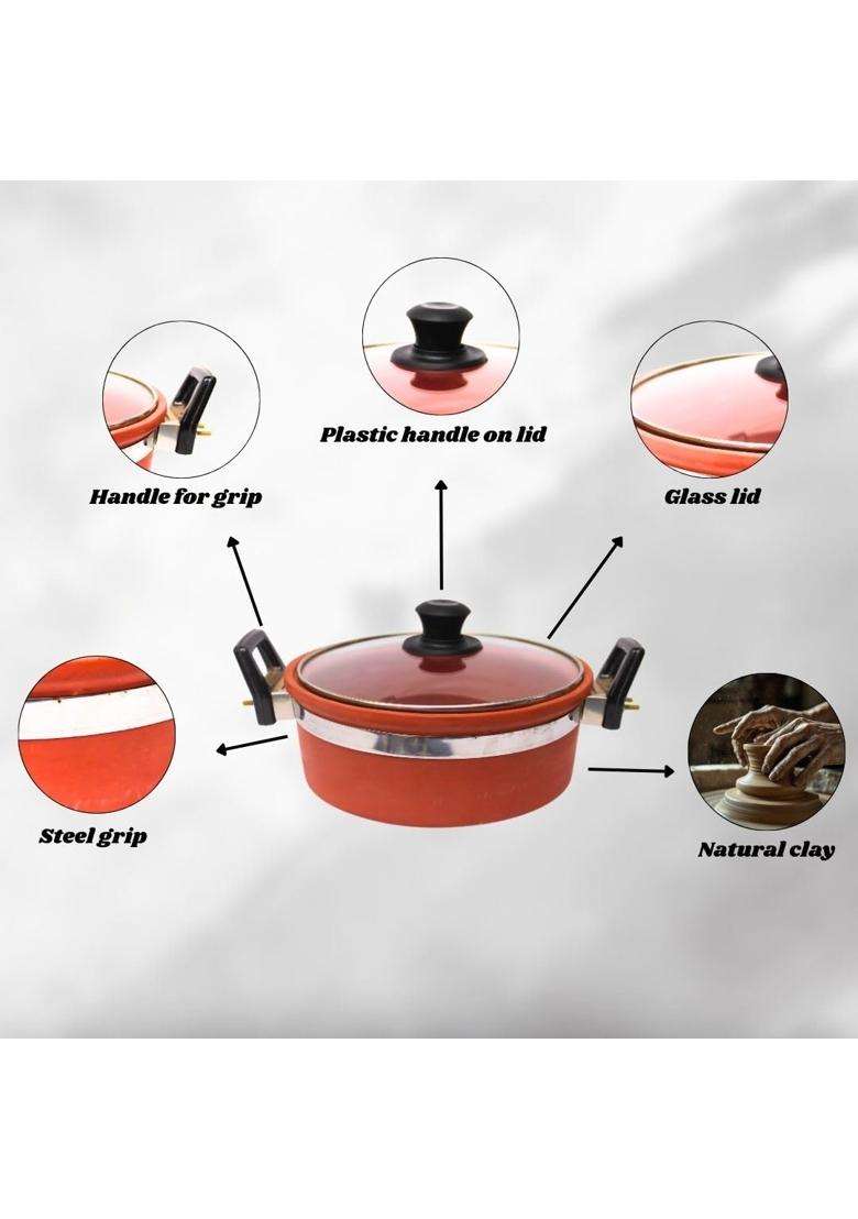 Terra Charms Clay Kadhai Wok | 1.5 L | 1.6 Qt | Handcrafted - Indya