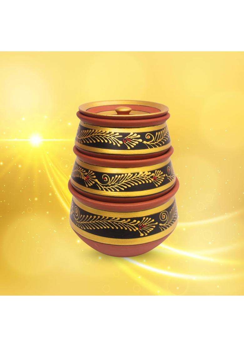 Terra Charms Black Clay Handi Cooking Pot with Lids | 3-Piece Set | Handcrafted | With Lid - Indya