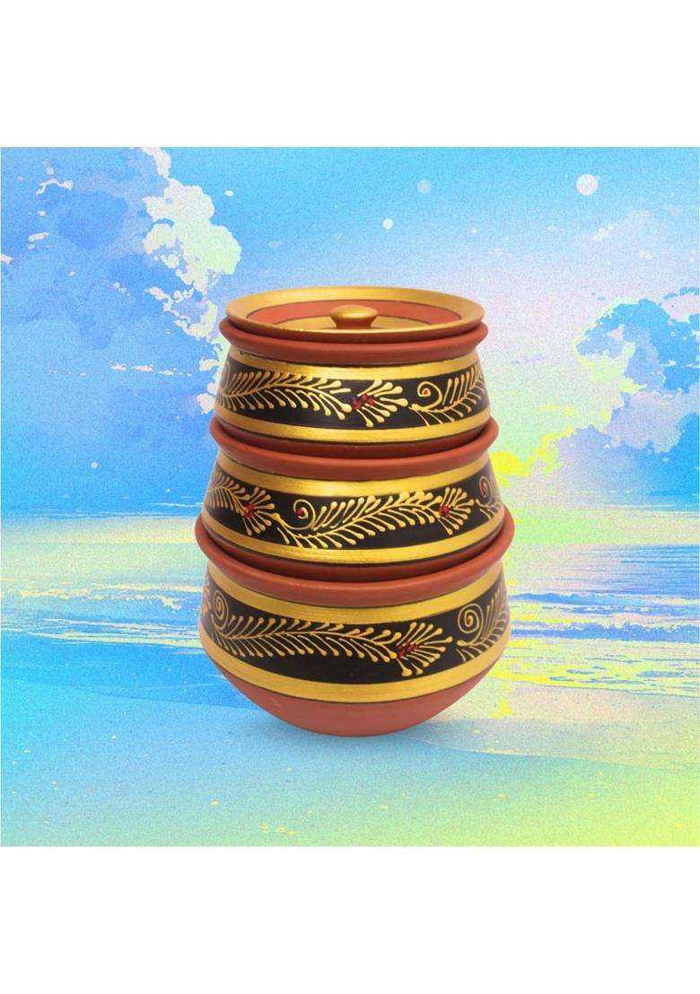 Terra Charms Black Clay Handi Cooking Pot with Lids | 3-Piece Set | Handcrafted | With Lid - Indya