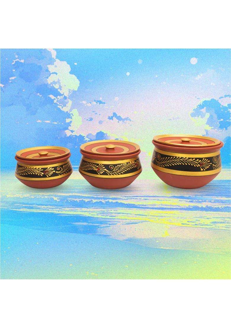 Terra Charms Black Clay Handi Cooking Pot with Lids | 3-Piece Set | Handcrafted | With Lid - Indya