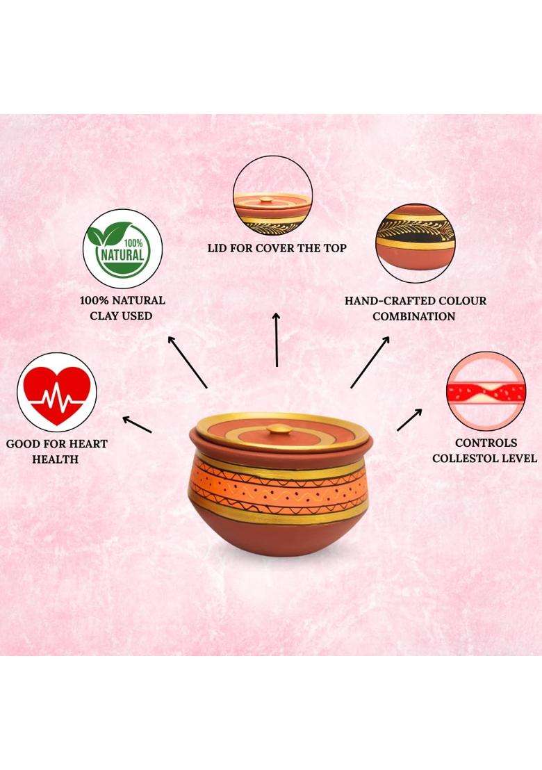 Terra Charms Painted Clay Handi Cooking Pot | 3-Piece Set | Handcrafted | With Lid - Indya