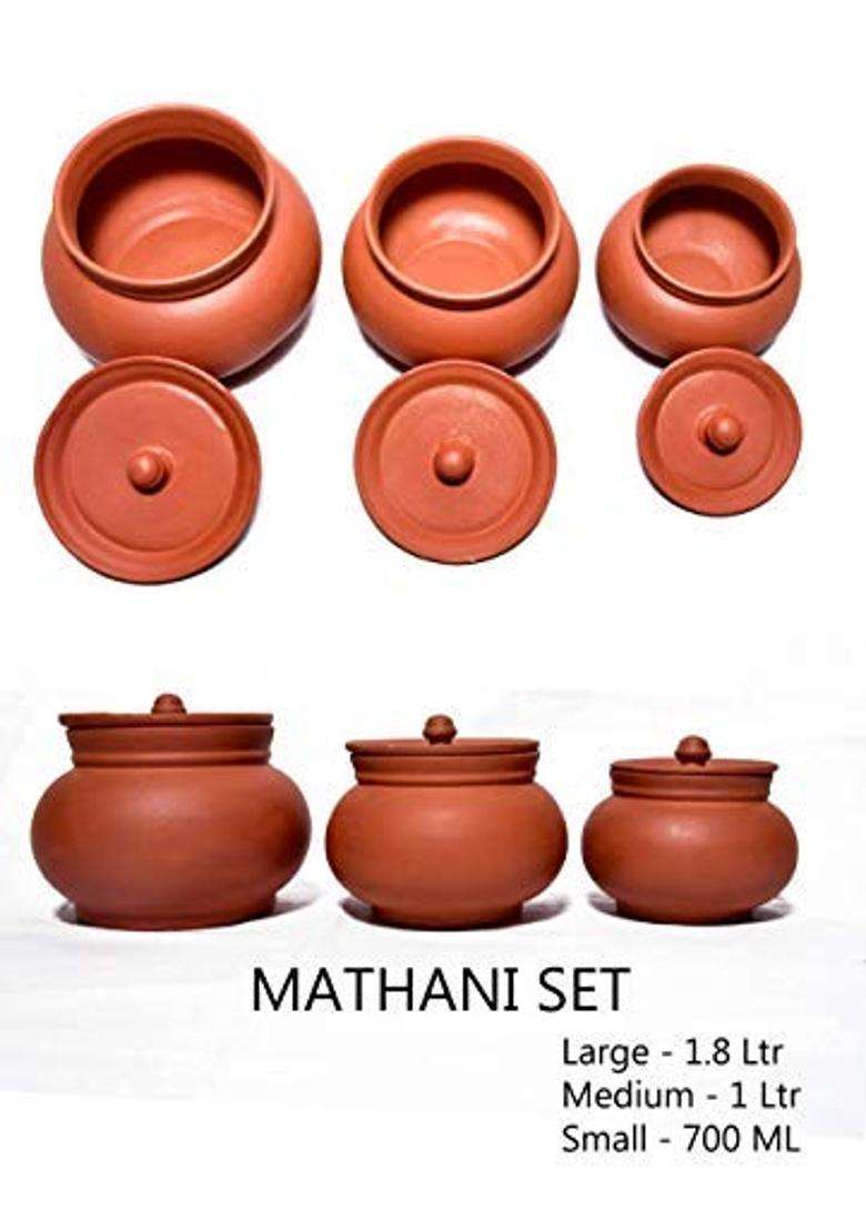 PALVIT CLAY ART GALLERY Clay Dal Handi Cooking Pot Mitti Handi Curd and Sprouts Bowl with Lid | 3-Piece Set - Indya