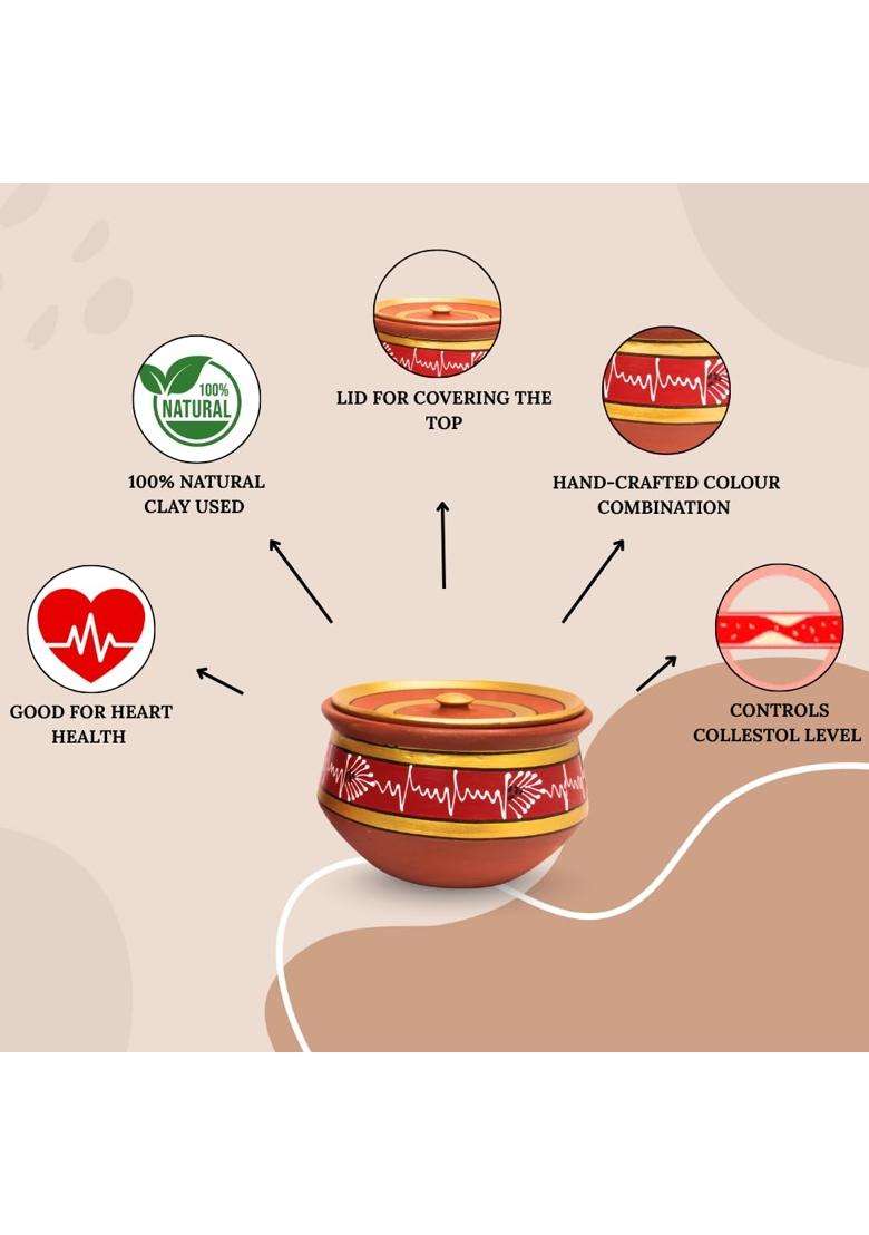 Terra Charms Round Red Clay Handi Cooking Pot with Lids | 3-Piece Set | Handcrafted | With Lid - Indya