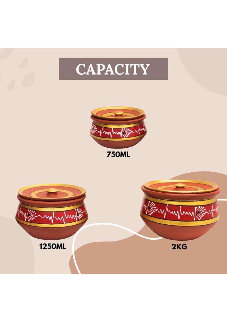 Terra Charms Round Red Clay Handi Cooking Pot with Lids | 3-Piece Set | Handcrafted | With Lid - Indya