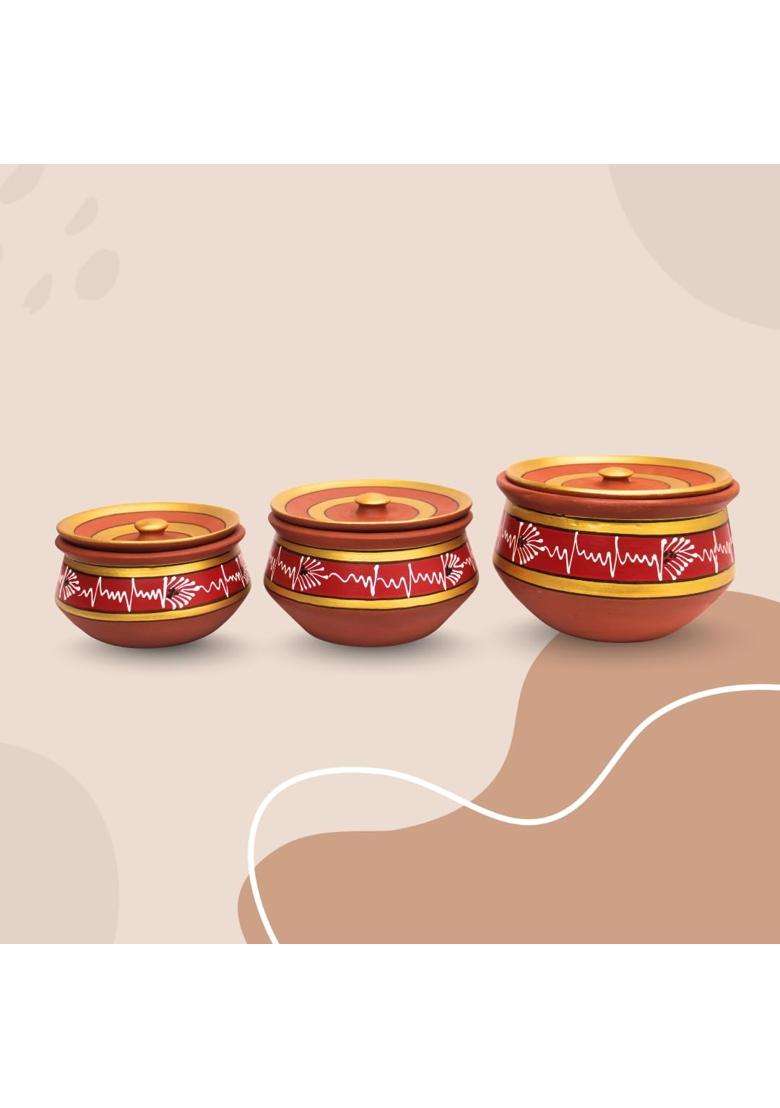 Terra Charms Round Red Clay Handi Cooking Pot with Lids | 3-Piece Set | Handcrafted | With Lid - Indya