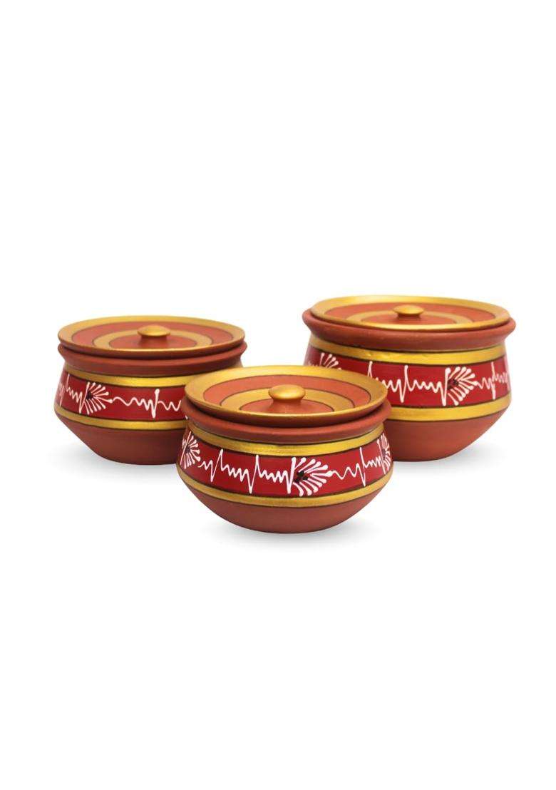 Terra Charms Red Clay Handi Cooking Pot with Lids | 3-Piece Set | Handcrafted | With Lid - Indya