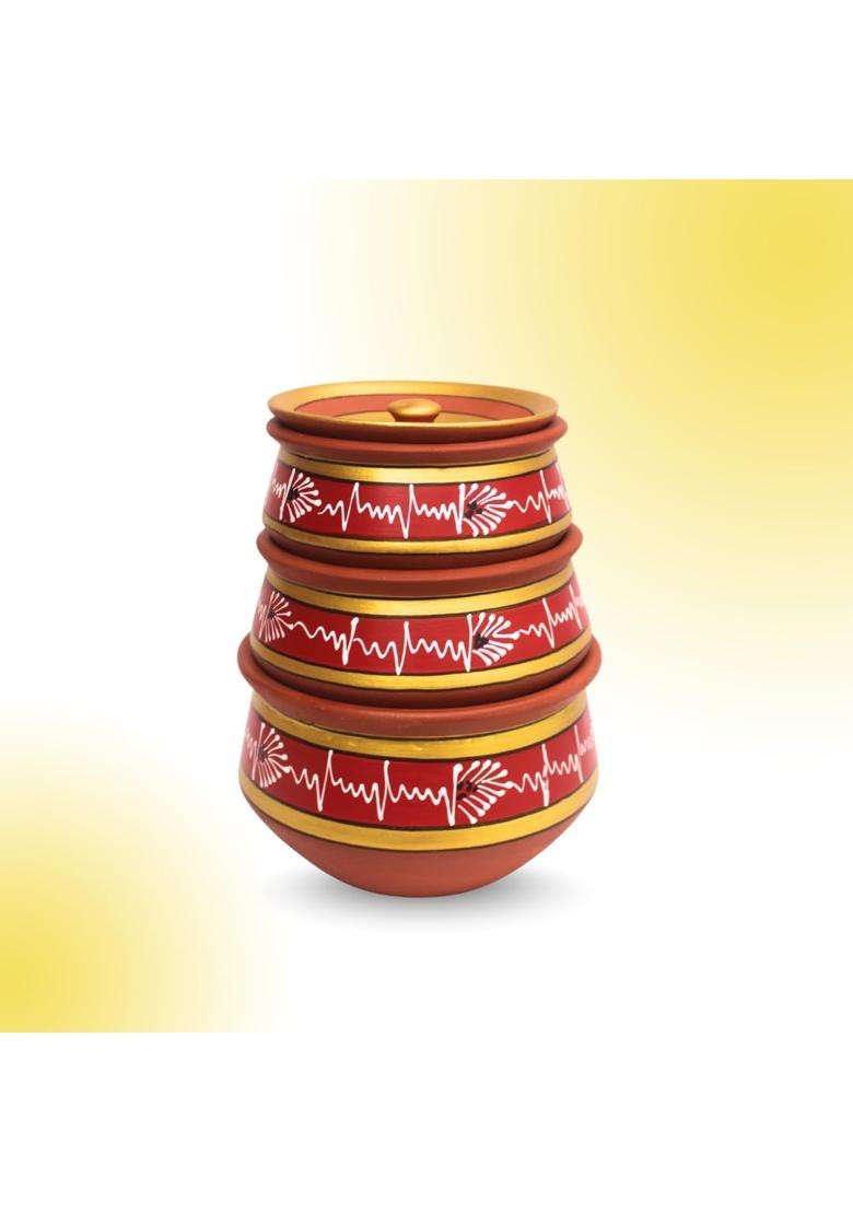Terra Charms Red Clay Handi Cooking Pot with Lids | 3-Piece Set | Handcrafted | With Lid - Indya