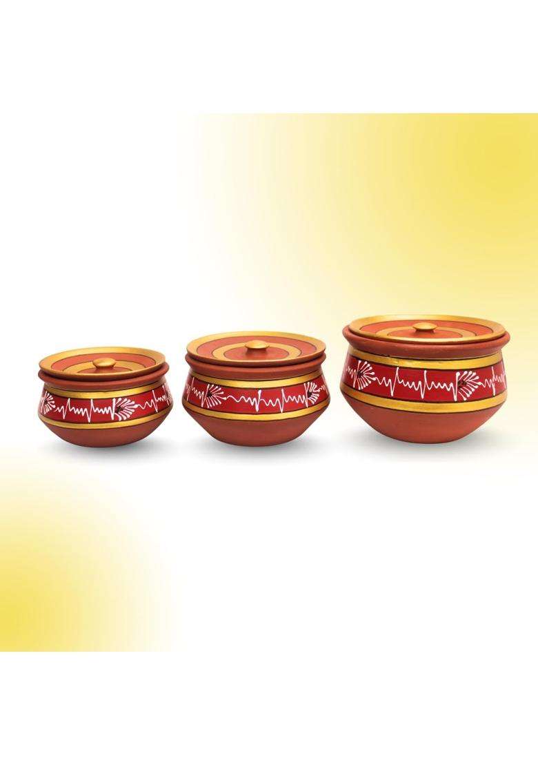 Terra Charms Red Clay Handi Cooking Pot with Lids | 3-Piece Set | Handcrafted | With Lid - Indya