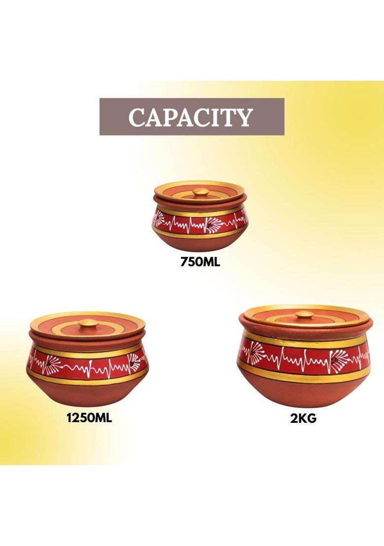 Terra Charms Red Clay Handi Cooking Pot with Lids | 3-Piece Set | Handcrafted | With Lid - Indya