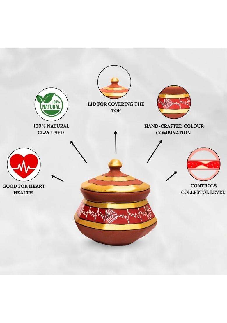 Terra Charms Red Clay Pehel Handi Cooking Pot | 1.5 L | 1.6 Qt | 3-Piece Set | Handcrafted - Indya
