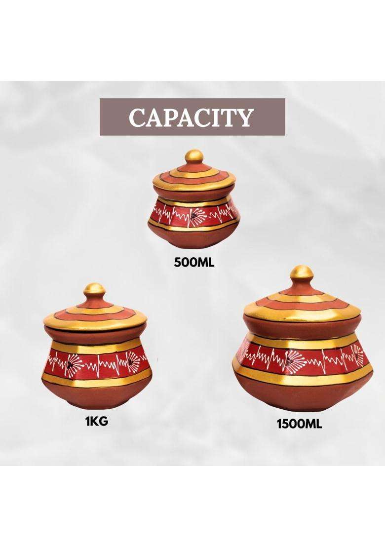 Terra Charms Red Clay Pehel Handi Cooking Pot | 1.5 L | 1.6 Qt | 3-Piece Set | Handcrafted - Indya
