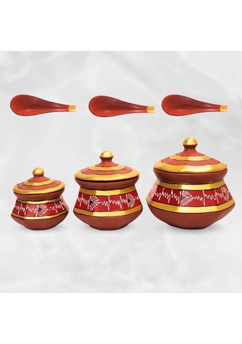 Terra Charms Red Clay Pehel Handi Cooking Pot | 1.5 L | 1.6 Qt | 3-Piece Set | Handcrafted - Indya