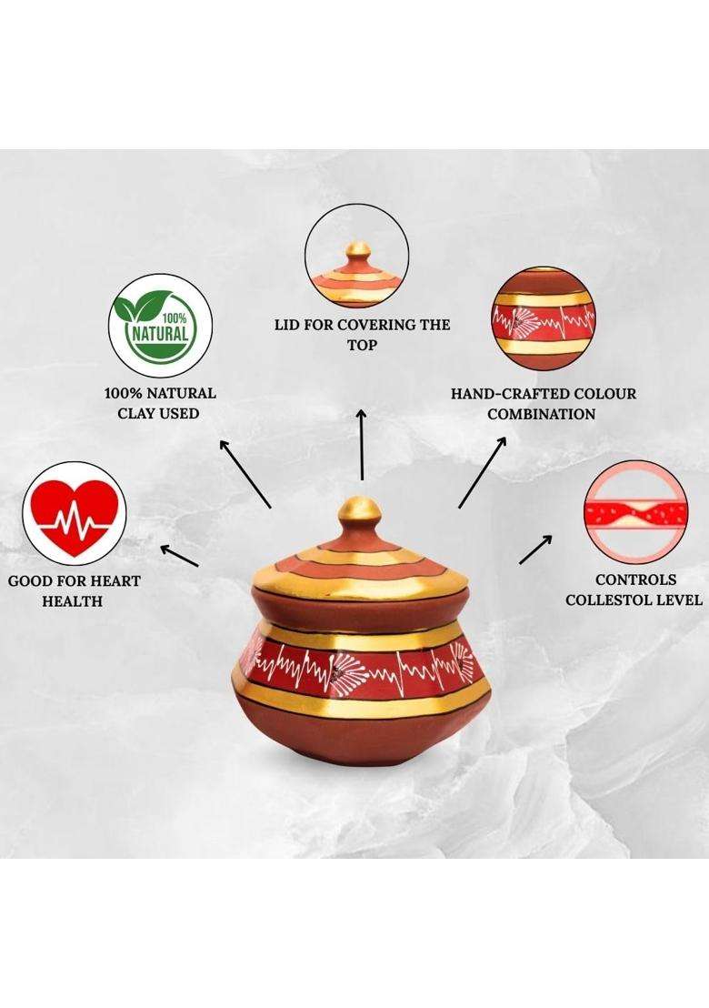 Terra Charms Red Clay Pehel Handi Cooking Pot | 1.5 L | 1.6 Qt | 3-Piece Set | Handcrafted - Indya