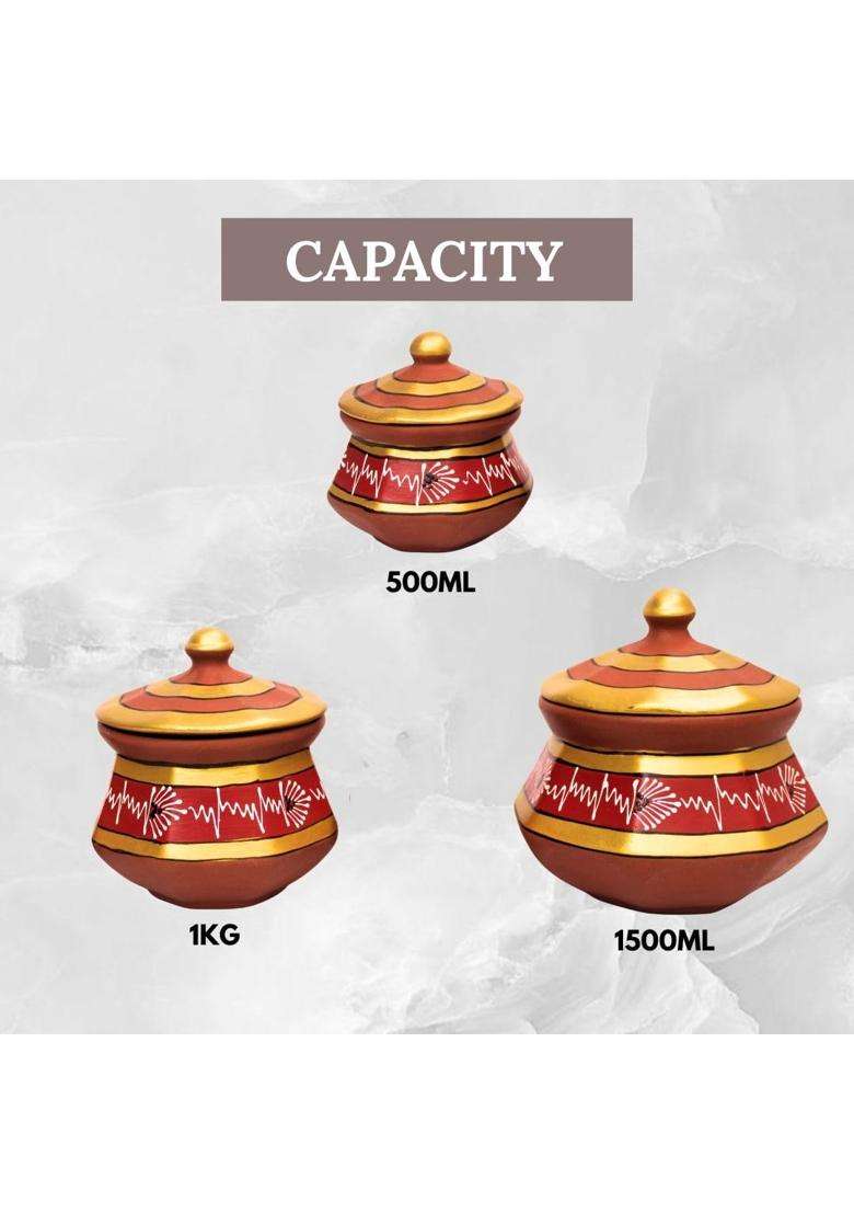 Terra Charms Red Clay Pehel Handi Cooking Pot | 1.5 L | 1.6 Qt | 3-Piece Set | Handcrafted - Indya