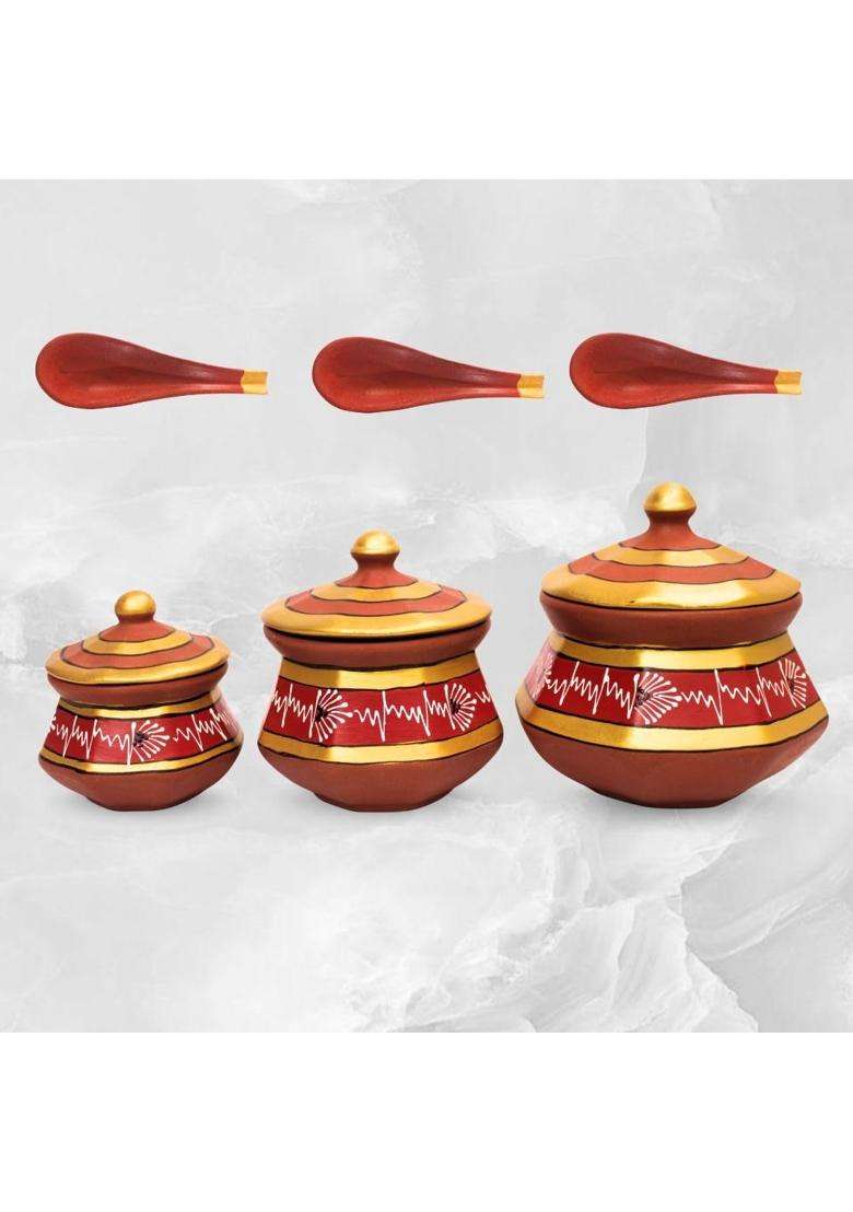 Terra Charms Red Clay Pehel Handi Cooking Pot | 1.5 L | 1.6 Qt | 3-Piece Set | Handcrafted - Indya