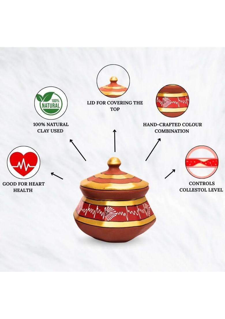 Terra Charms Red Clay Pehel Handi Cooking Pot | 1.5 L | 1.6 Qt | 3-Piece Set | Handcrafted - Indya