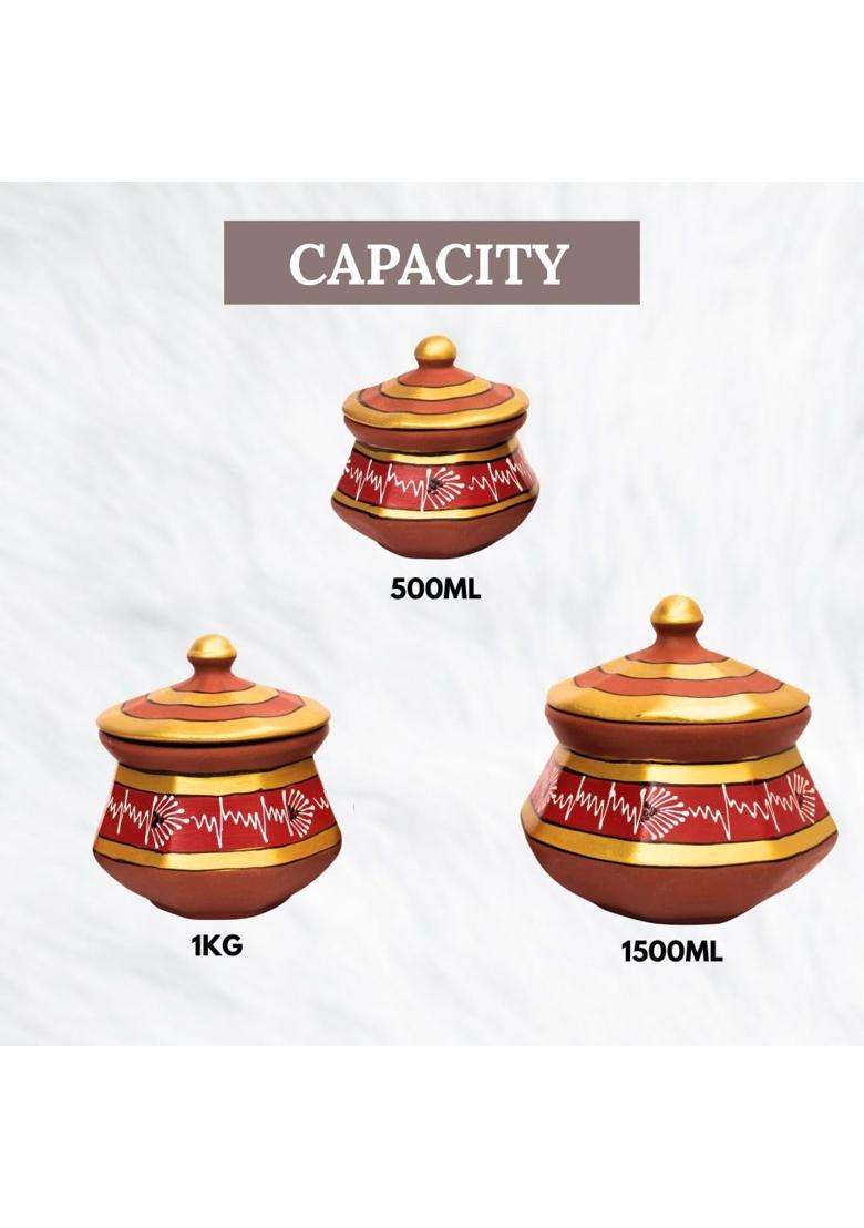 Terra Charms Red Clay Pehel Handi Cooking Pot | 1.5 L | 1.6 Qt | 3-Piece Set | Handcrafted - Indya