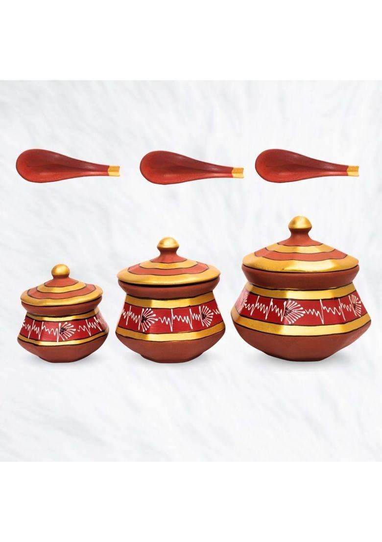 Terra Charms Red Clay Pehel Handi Cooking Pot | 1.5 L | 1.6 Qt | 3-Piece Set | Handcrafted - Indya