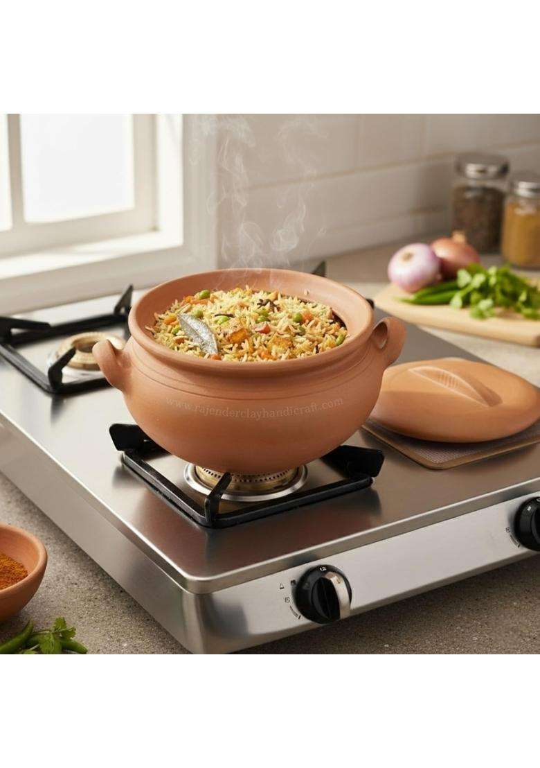 RAJENDER CLAY HANDICRAFT Handmade Mitti Kadhai Wok with Flat Dhakkan | 2 L | 2.1 Qt - Indya