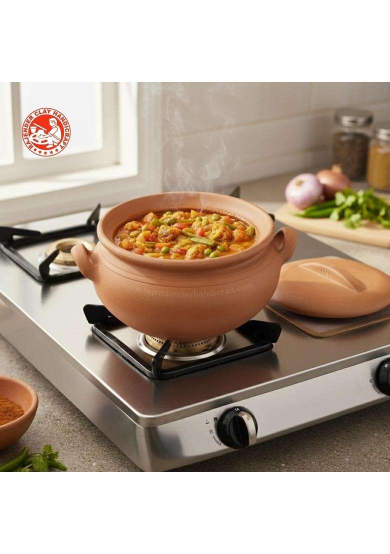 RAJENDER CLAY HANDICRAFT Handmade Mitti Kadhai Wok with Flat Dhakkan | 2 L | 2.1 Qt - Indya