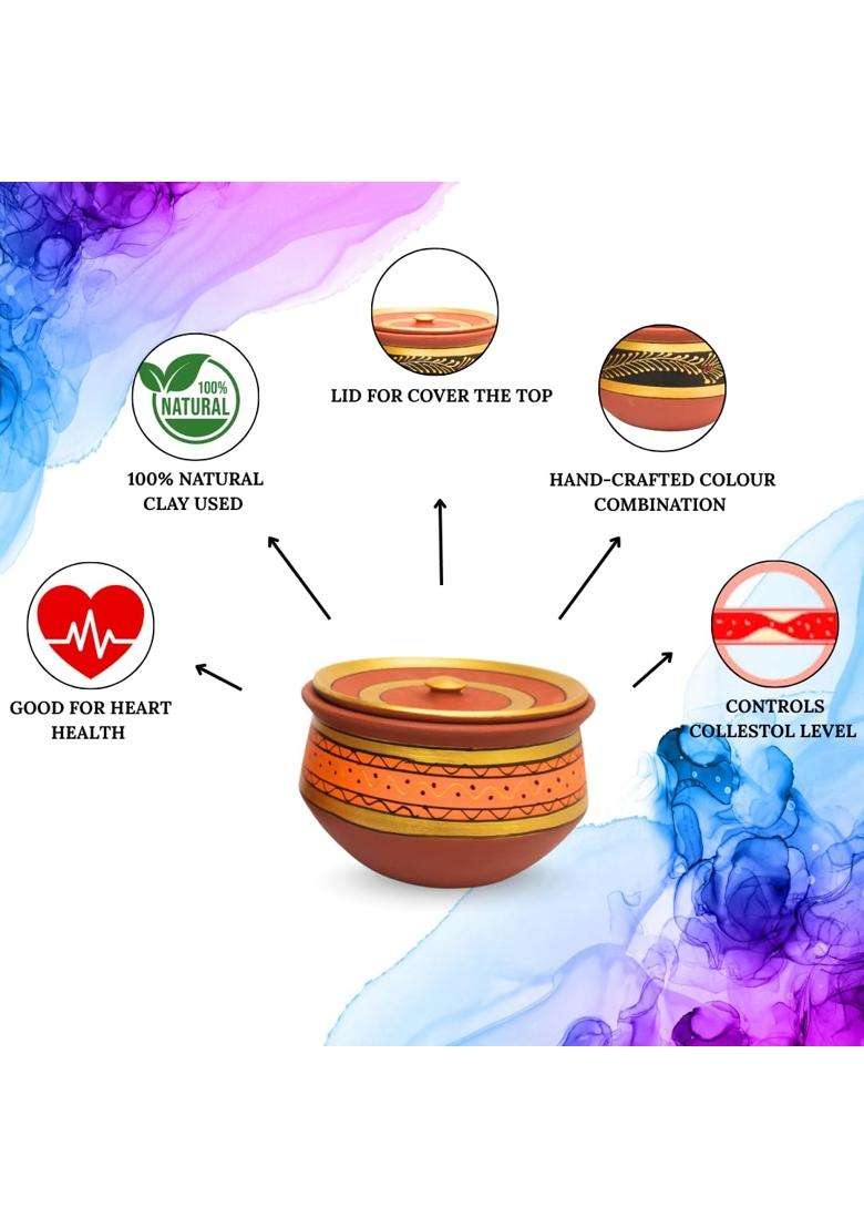 Terra Charms Painted Orange Clay Handi Cooking Pot with Lids | 3-Piece Set | Handcrafted | With Lid - Indya