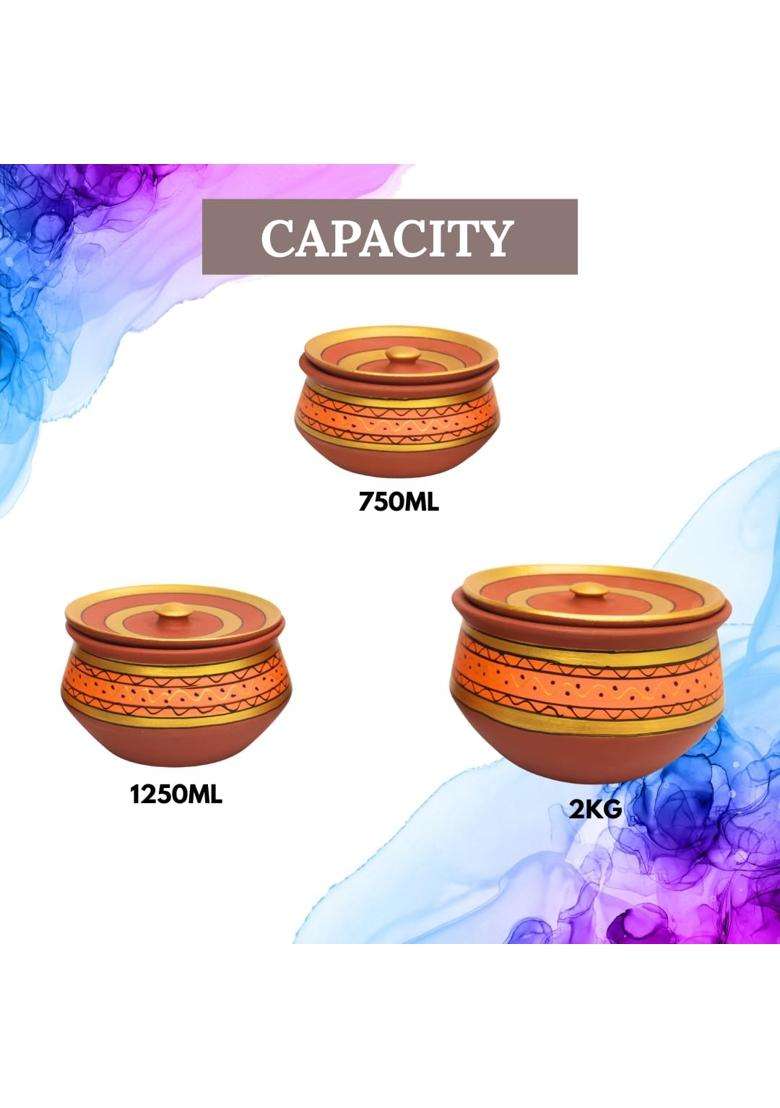 Terra Charms Painted Orange Clay Handi Cooking Pot with Lids | 3-Piece Set | Handcrafted | With Lid - Indya