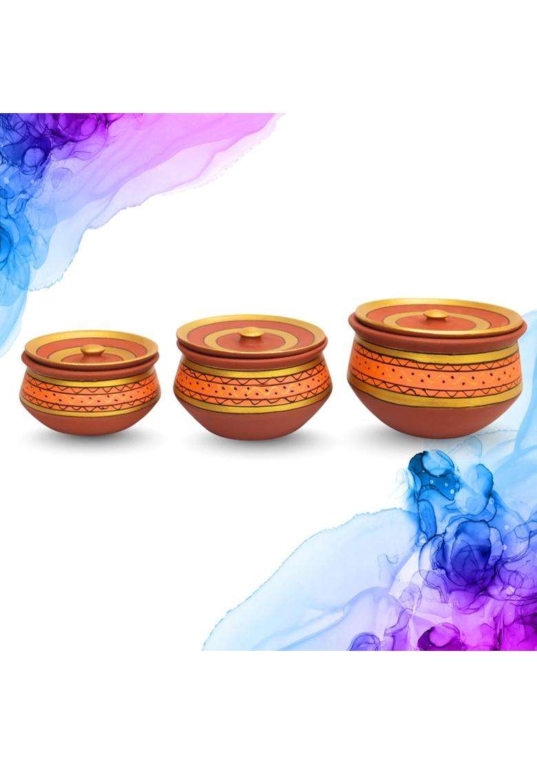 Terra Charms Painted Orange Clay Handi Cooking Pot with Lids | 3-Piece Set | Handcrafted | With Lid - Indya