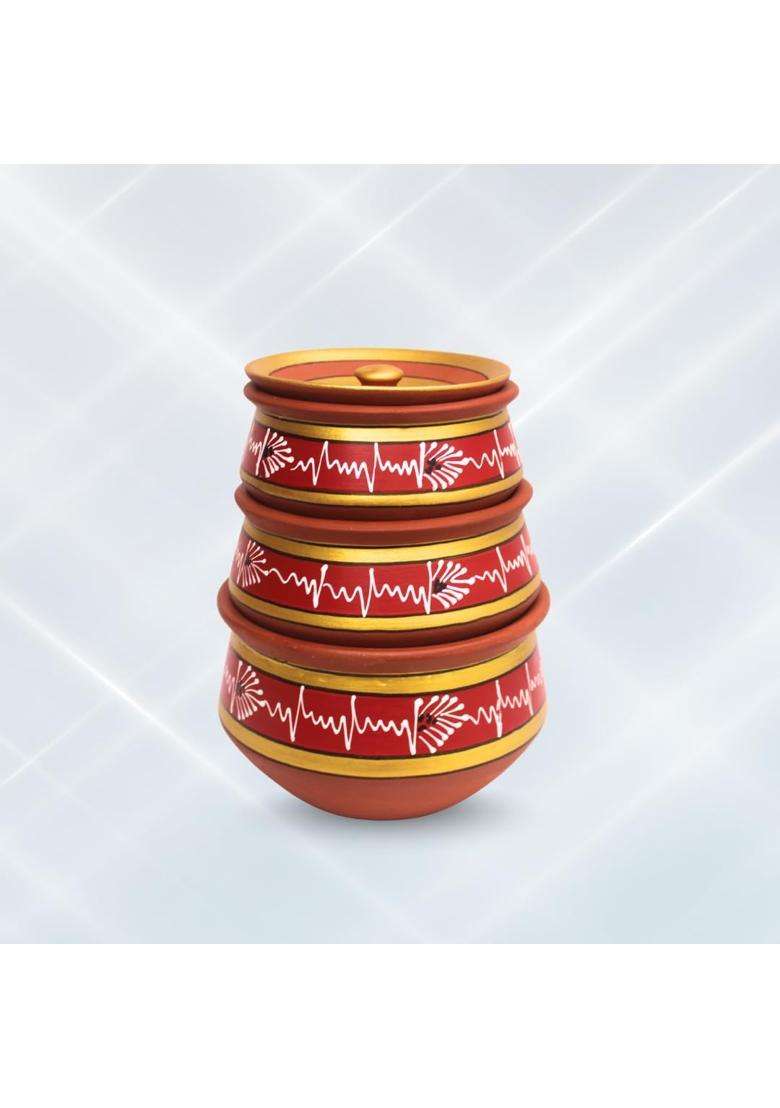 Terra Charms Round Red Mitti Handi Cooking Pot with Clay Lids | 3-Piece Set | Handcrafted - Indya