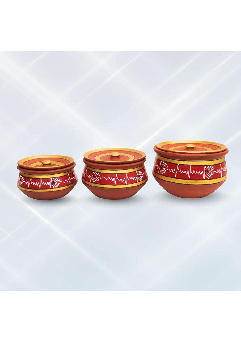 Terra Charms Round Red Mitti Handi Cooking Pot with Clay Lids | 3-Piece Set | Handcrafted - Indya