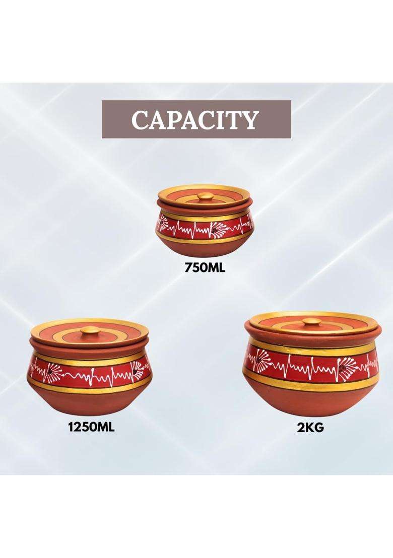 Terra Charms Round Red Mitti Handi Cooking Pot with Clay Lids | 3-Piece Set | Handcrafted - Indya