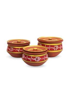 Terra Charms Round Red Mitti Handi Cooking Pot with Lids | 3-Piece Set | Handcrafted | With Lid