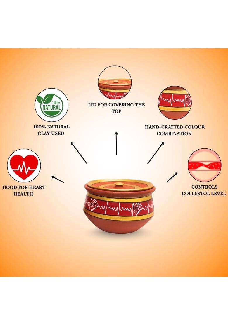 Terra Charms Round Red Mitti Handi Cooking Pot with Lids | 3-Piece Set | Handcrafted | With Lid - Indya