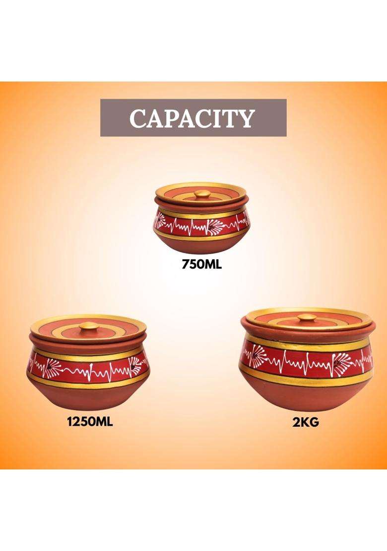 Terra Charms Round Red Mitti Handi Cooking Pot with Lids | 3-Piece Set | Handcrafted | With Lid - Indya