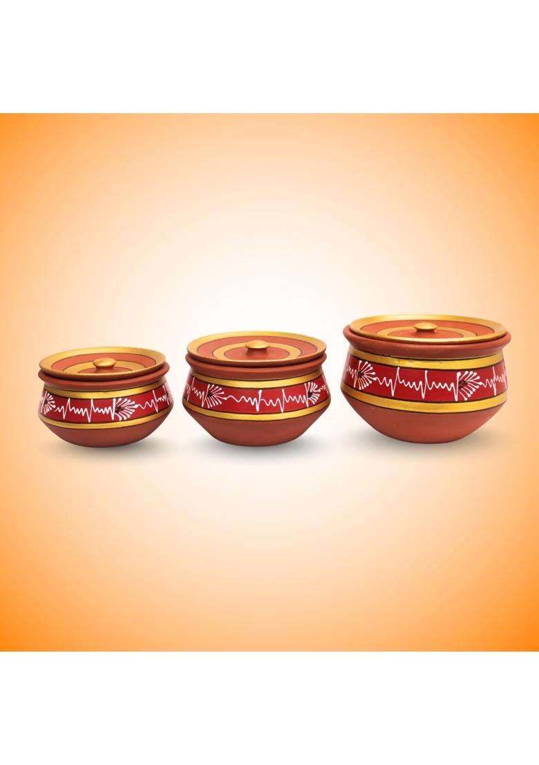 Terra Charms Round Red Mitti Handi Cooking Pot with Lids | 3-Piece Set | Handcrafted | With Lid - Indya