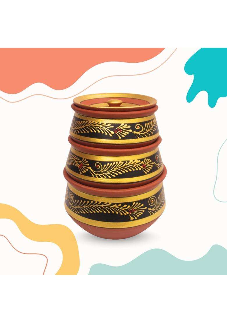 Terra Charms Black Clay Handi Cooking Pot with Lids | 3-Piece Set | Handcrafted | With Lid - Indya