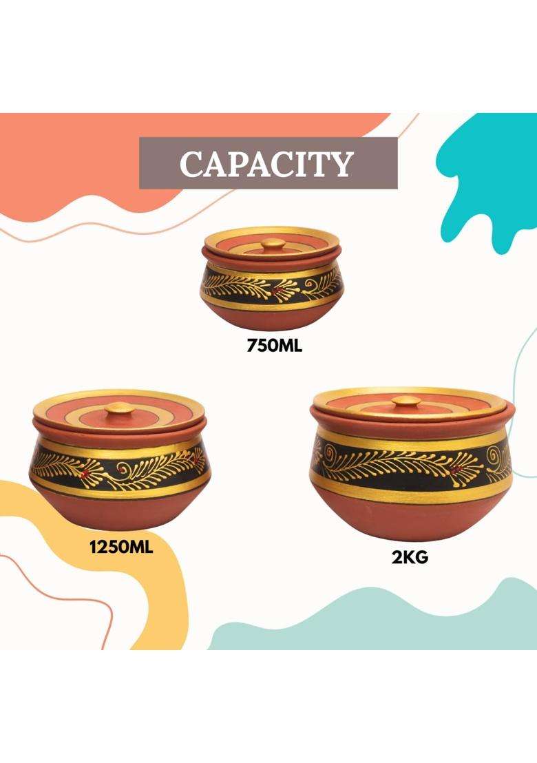 Terra Charms Black Clay Handi Cooking Pot with Lids | 3-Piece Set | Handcrafted | With Lid - Indya