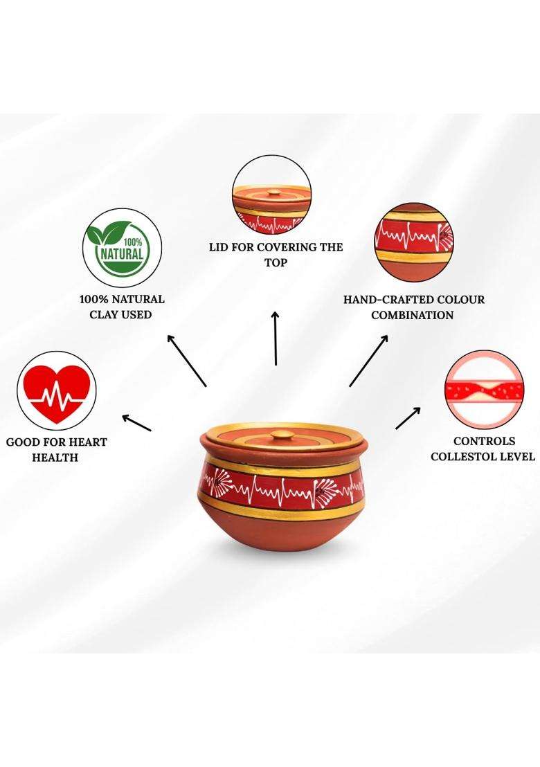 Terra Charms Red Clay Handi Cooking Pot Round Shape with Lids | 3-Piece Set | Handcrafted | With Lid - Indya