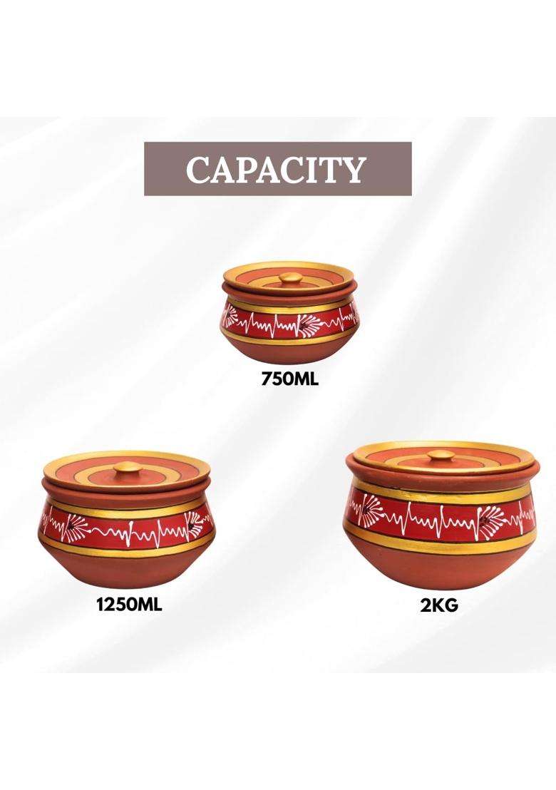 Terra Charms Red Clay Handi Cooking Pot Round Shape with Lids | 3-Piece Set | Handcrafted | With Lid - Indya
