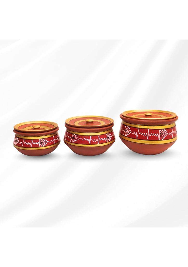 Terra Charms Red Clay Handi Cooking Pot Round Shape with Lids | 3-Piece Set | Handcrafted | With Lid - Indya