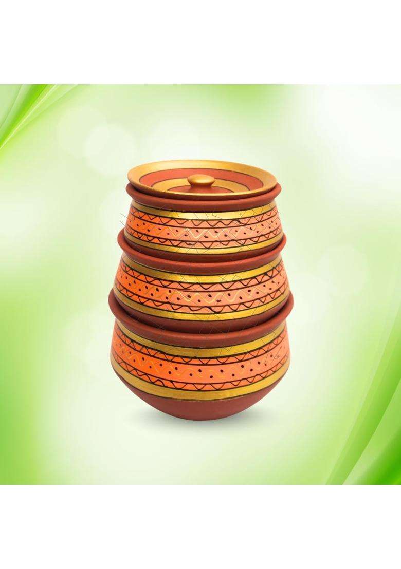 Terra Charms Painted Clay Handi Cooking Pot | 3-Piece Set | Handcrafted - Indya