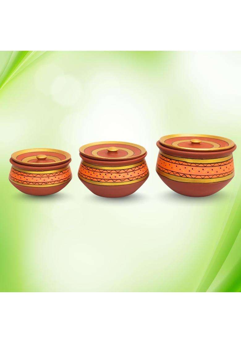 Terra Charms Painted Clay Handi Cooking Pot | 3-Piece Set | Handcrafted - Indya