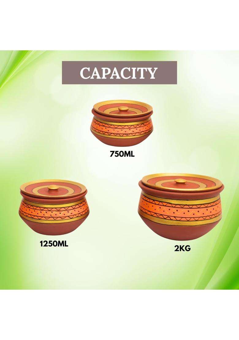 Terra Charms Painted Clay Handi Cooking Pot | 3-Piece Set | Handcrafted - Indya