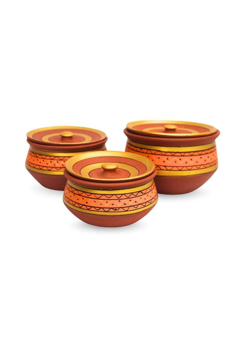 Terra Charms Round Painted Clay Handi Cooking Pot | 3-Piece Set | Handcrafted | With Lid - Indya