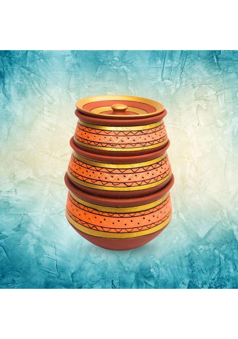 Terra Charms Round Painted Clay Handi Cooking Pot | 3-Piece Set | Handcrafted | With Lid - Indya