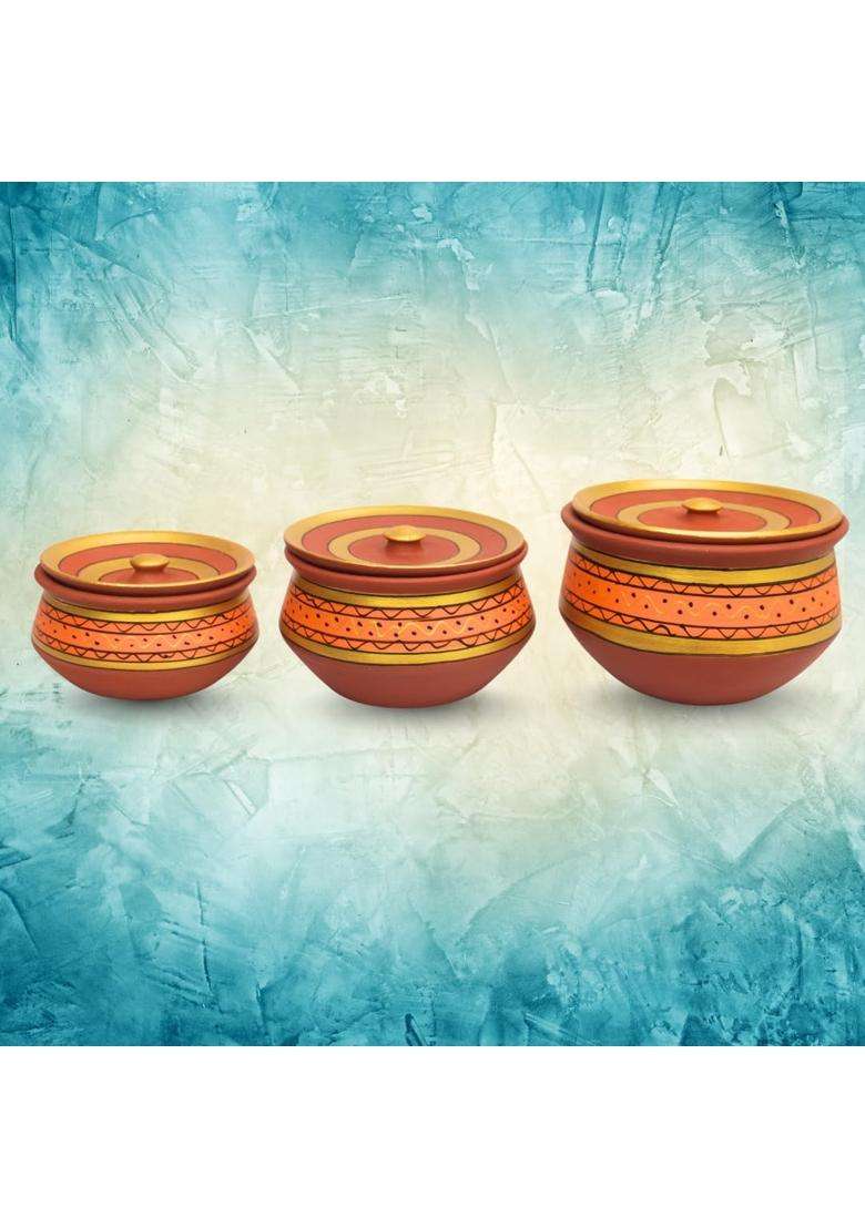 Terra Charms Round Painted Clay Handi Cooking Pot | 3-Piece Set | Handcrafted | With Lid - Indya