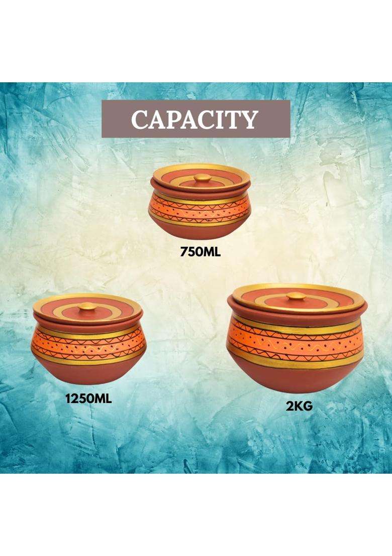 Terra Charms Round Painted Clay Handi Cooking Pot | 3-Piece Set | Handcrafted | With Lid - Indya