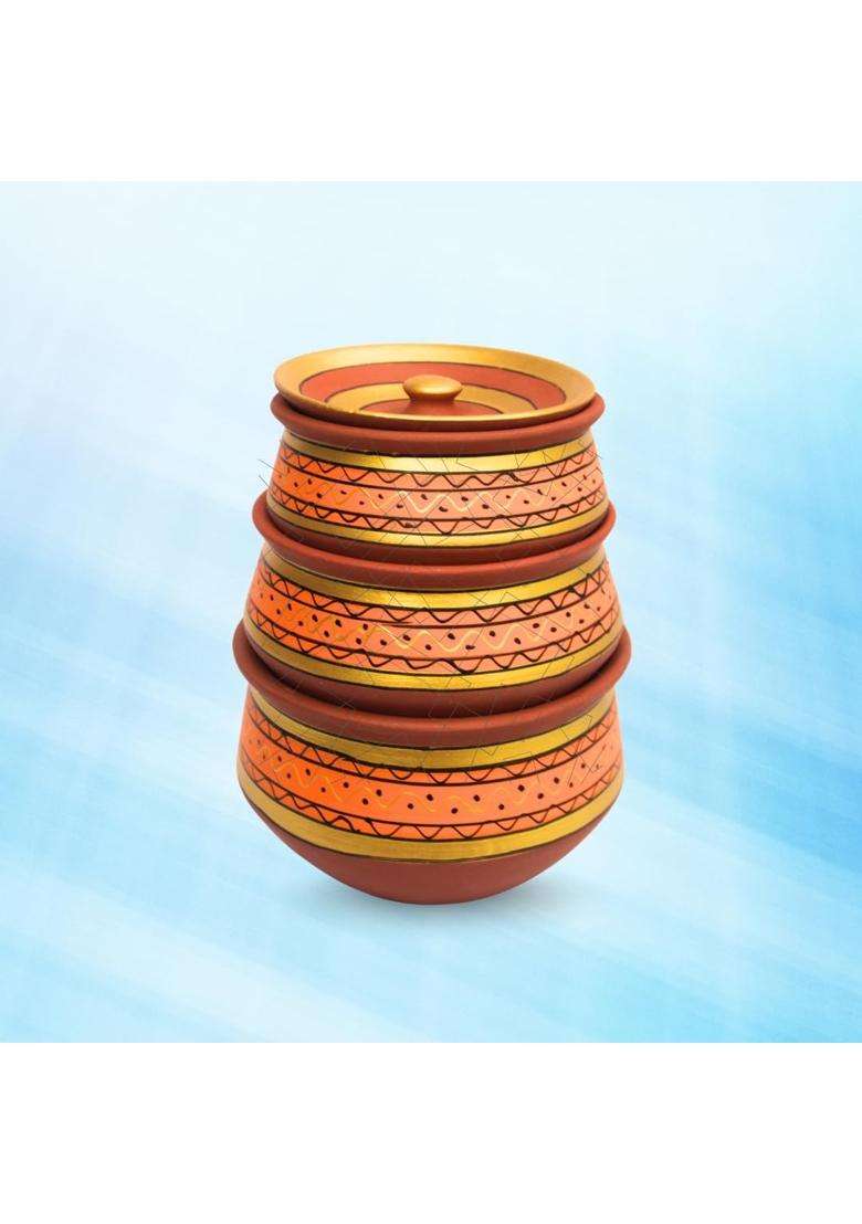 Terra Charms Painted Round Clay Handi Cooking Pot | 3-Piece Set | Handcrafted | With Lid - Indya